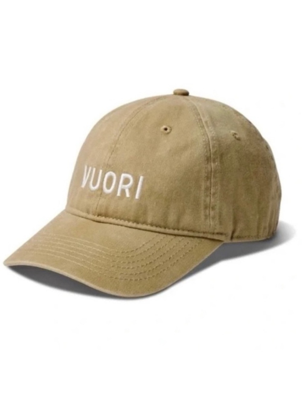 Vuori Hat Cap Beige Camel Strapback Twill Cotton Baseball Dad Spellout Logo